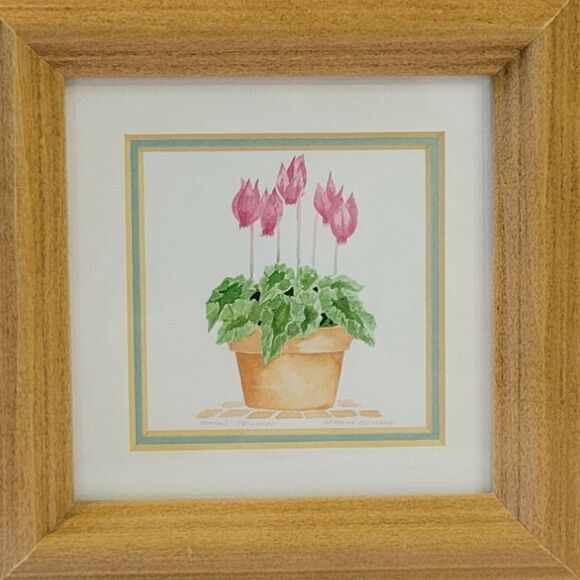 Vintage Carolyn Oltman Floral Framed Art "Potted Primrose" & "Potted Cyclamen" - Picture 5 of 7